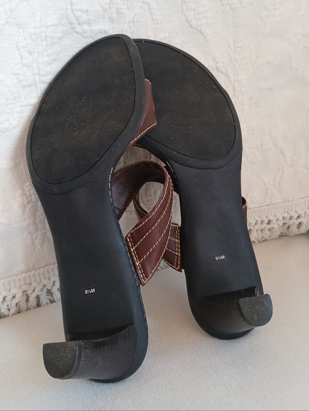 Nickels Brown Leather Open Toe Mid Heel Sandal Heels - Picture 6 of 9